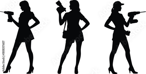 Silhouettes of women holding power tools in confident poses, female worker concept, construction and DIY illustration scene