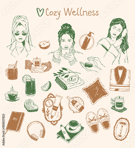 Cozy Wellness vector sketch set: hand-drawn woman with eye patches enjoying tea, brushing her hair, with self-care items — cream, serum, candles, fruits, smoothie, bathrobe, slippers, pillow, planner