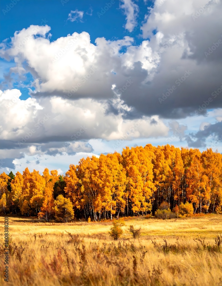 Fototapeta premium Autumnal landscape with gold trees under a blue sky filled with white and gray clouds