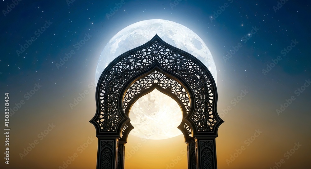 Fototapeta premium Islamic Arch with Glowing Moon Behind