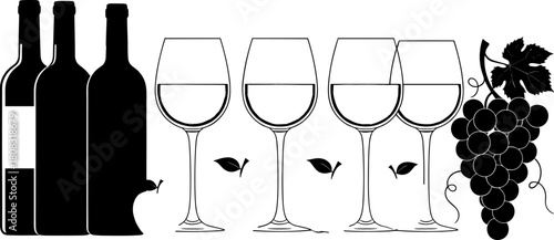 Elegant wine bottles, wine glasses, and grape cluster illustration, minimalist winery vector design for vineyards, beverage branding, tasting events, alcohol labels, and gourmet themes