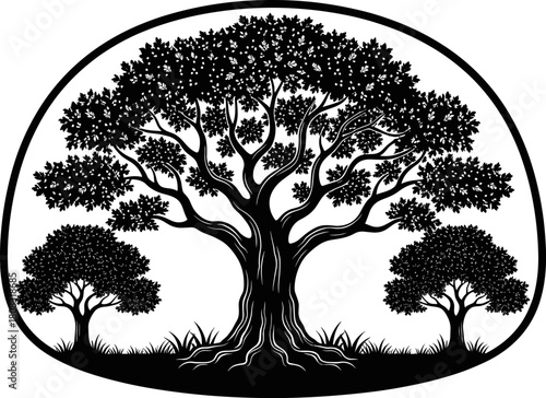 Majestic tree silhouette with detailed branches and surrounding smaller trees, elegant nature landscape vector illustration for environmental themes, forest designs, botanical artwork, 