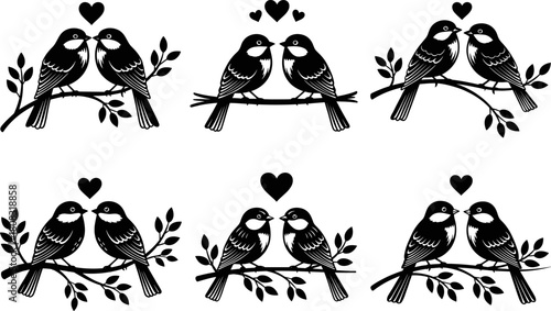 Romantic bird couples on branches with hearts, love birds silhouette vector illustration, nature romance design, adorable bird pair artwork for Valentine and wedding themes