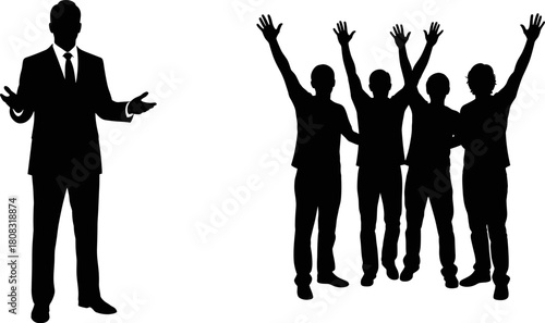 Business leader silhouette facing a cheering group, teamwork concept illustration with professional figures, unity, success, corporate motivation, collaboration and support in vector graphic style