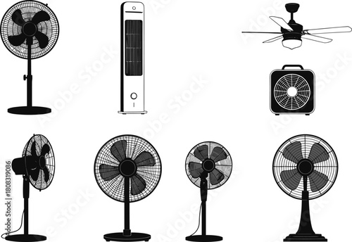 Electric fan illustration set, detailed vector silhouettes of household cooling devices, including pedestal, tower, ceiling, and box fans for ventilation design, branding, 