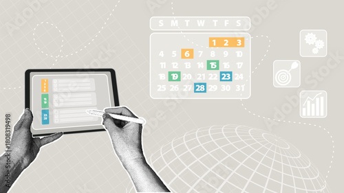 Digital planning and task management on a tablet with a calendar. A trendy halftone collage. Concept for time management, daily planning, productivity tracking, and goal achievement.
