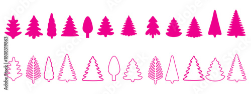 Christmas tree silhouette clipart set. Black Christmas tree drawing clip art collection in white background for x mas season pine tree flat icon decoration vector illustration