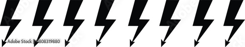Black lightning bolt icons row, electric thunder flash power symbol vector illustration isolated on white