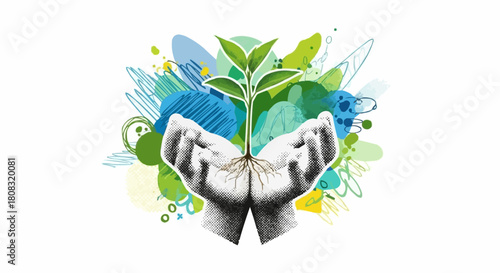 Hands gently holding a young plant with roots and leaves.