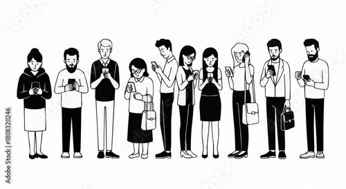 Group of people engrossed in their smartphones, modern communication.