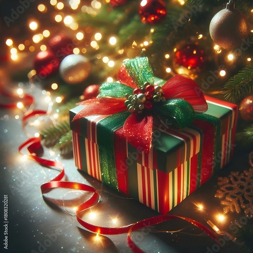 A vibrant and festive image featuring a Christmas present wrapped in bold, traditional holiday colors.