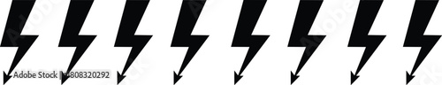 Row of black lightning bolt icons set, electric thunder flash symbol vector illustration isolated white
