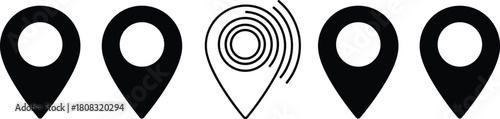 Row of black location pins with unique central searching signal icon, vector illustration isolated