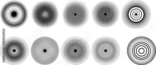 Set of abstract black concentric circle patterns sound wave ripple effect vector illustration isolated on white