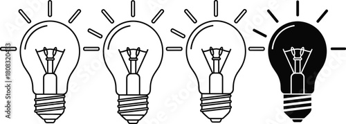 Row of light bulbs with one black unique idea standing out, vector illustration isolated