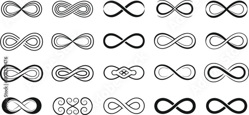 Set of black infinity symbols, decorative eternal loop vector icons collection illustration isolated on white