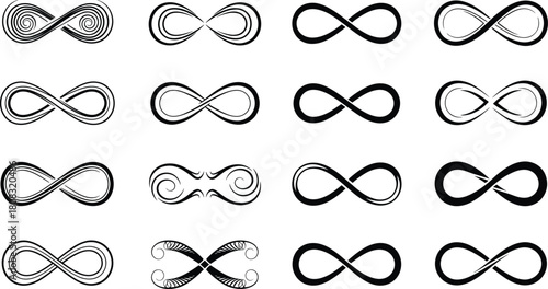 Set of black infinity symbols, decorative eternal loop vector icons collection illustration isolated on white background