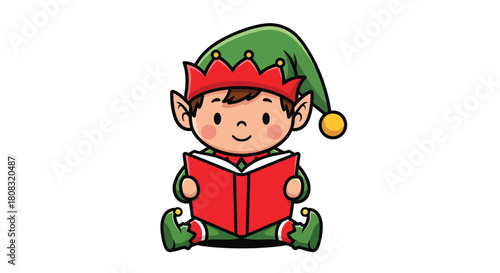 Cute cartoon Christmas elf character sitting and reading a red book.