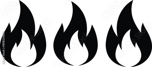 Three black fire flame icons set, hot burn silhouette symbol vector illustration isolated white