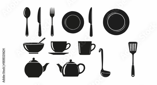 Collection of Kitchen Utensils and Tableware Silhouettes.
