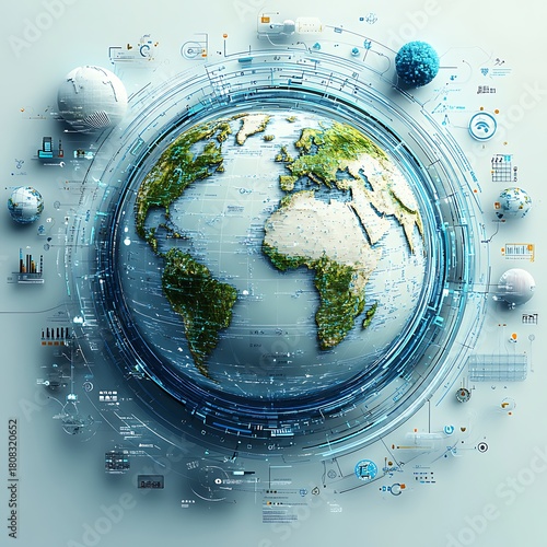 Futuristic Earth globe with digital network and data streams planet world