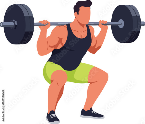 Vector Illustration of Man Squatting with Barbell in Modern Fitness Style for Sports and Exercise Design