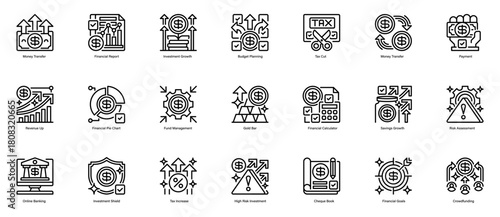 Finance and Money Icon Set Line Icons, Outline Symbols for Banking, Payment, Investment, Budgeting, Wealth Management, Financial Growth, Digital Transactions, and Economic Operations. Vector Sign Coll