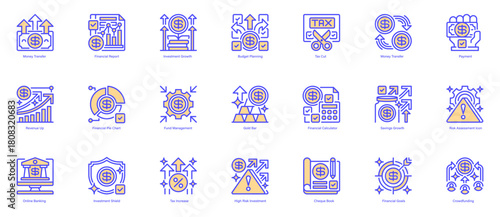 Finance and Money Icon Set Line Icons, Outline Symbols for Banking, Payment, Investment, Budgeting, Wealth Management, Financial Growth, Digital Transactions, and Economic Operations. Vector Sign Coll