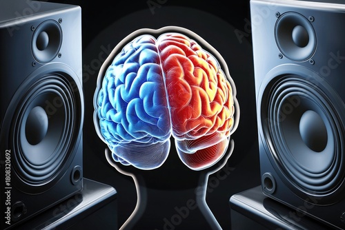 Detailed illustration of two speakers facing each other with a human brain in between