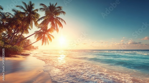 A vibrant sunset casts warm colors over a tropical beach. Tall palm trees lean towards the ocean as gentle waves ripple onto the sandy shore. The scene captures a relaxing moment in nature.