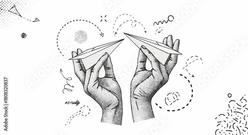 Hand drawn illustration of two hands holding paper airplanes.