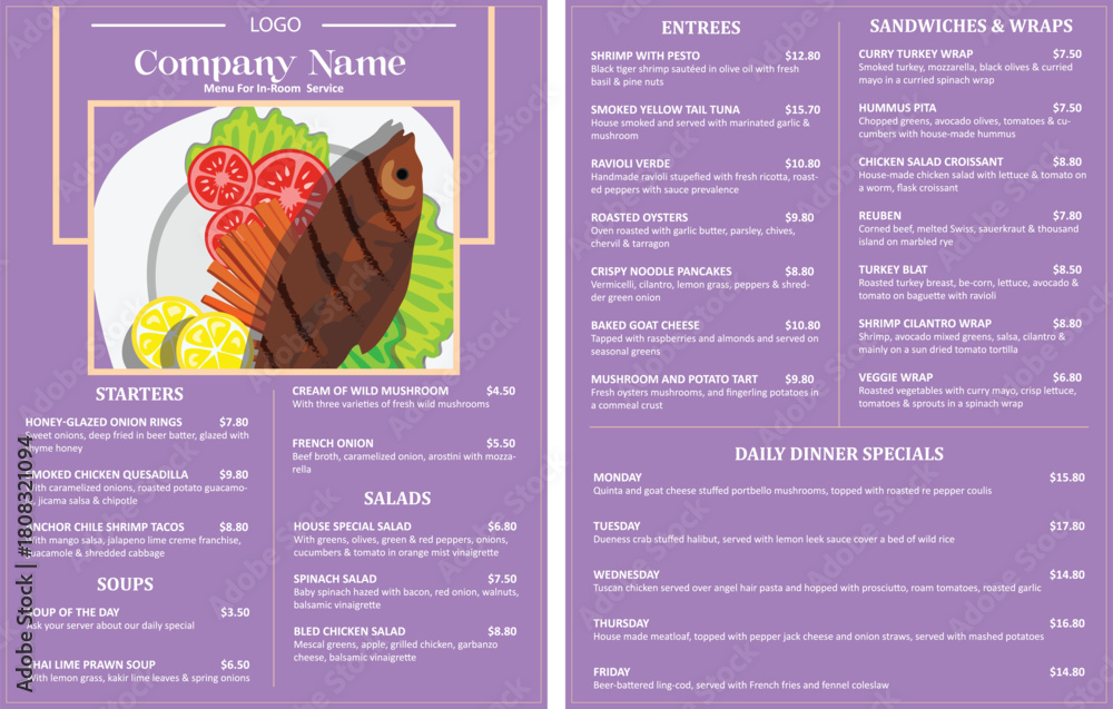 Obraz premium Restaurant Hotel Menu Template Design Purple Food Menu Card Vector