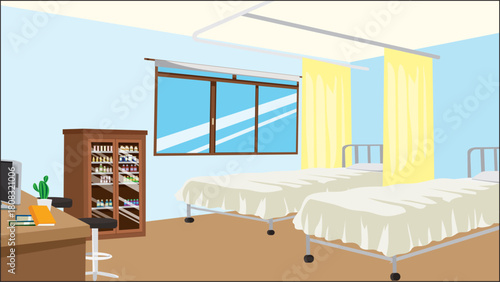 School College Infirmary Medical Room Side View First Aid Room Interior Bed Curtain Vector