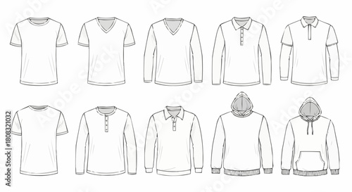 Collection of various t-shirts and sweatshirts in line art style for fashion design.