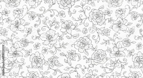 Elegant Hand Drawn Floral Pattern with Delicate Rose Outlines and Swirls.