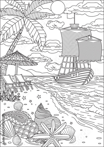 Beach Pirate Ship Adult Coloring Pages Black and White Ocean Scenery Landscape Vector