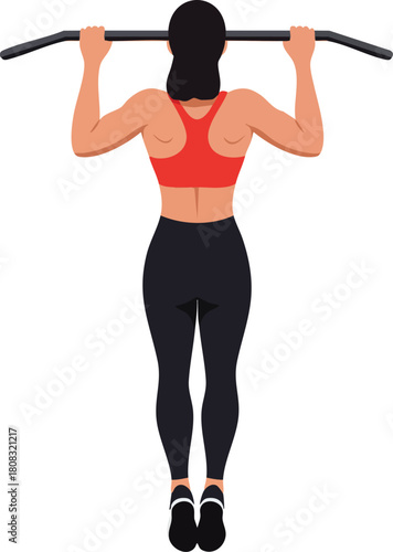 Vector Illustration of Woman Performing Pull-Up Exercise in Modern Fitness Style with Bold Colors