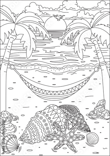 Beach Coloring Pages For Adults Shell Plum Tree Hammock Ocean Line Art Vector
