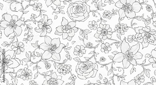 Elegant Hand-Drawn Floral Pattern with Delicate Outlines and Intricate Details.