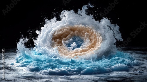 Fototapeta Naklejka Na Ścianę i Meble -  A powerful, swirling wave crashes with dynamic motion, showcasing a vortex of blue and tan foam against a dark, abstract background.