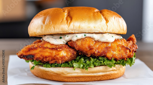 Crispy fried fish sandwich with tartar sauce and fresh lettuce on soft bun, appetizing
