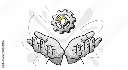 Hands holding gear wheel symbol representing teamwork and collaboration concept.