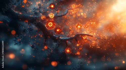 Glowing Gears on Dark Tree Branches with Fiery Bokeh Background cogwheels mechanical