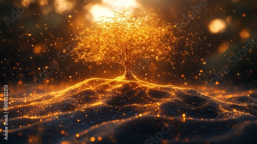 Glowing golden tree on a sparkling luminous hill with bokeh lights image