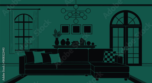 Black and white living room interior design stock illustration art