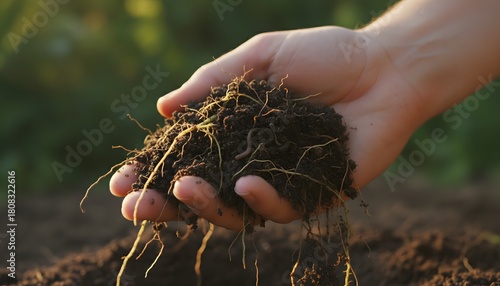 Macro shot of a hand scooping rich soil, symbolizing nurturing, growth, and environmental care, perfect for gardening, sustainability and eco-friendly stock imagery.
