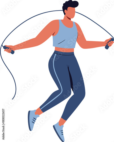 Vector Illustration of Woman Jumping Rope in Modern Minimalist Style with Blue Tones