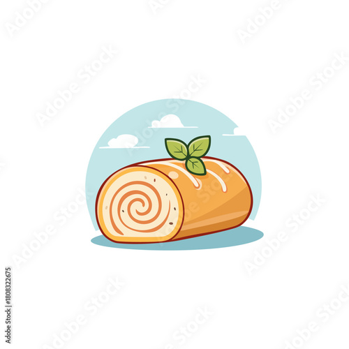 Delicious Swiss Roll Cake with Cream Filling and Mint Garnish.