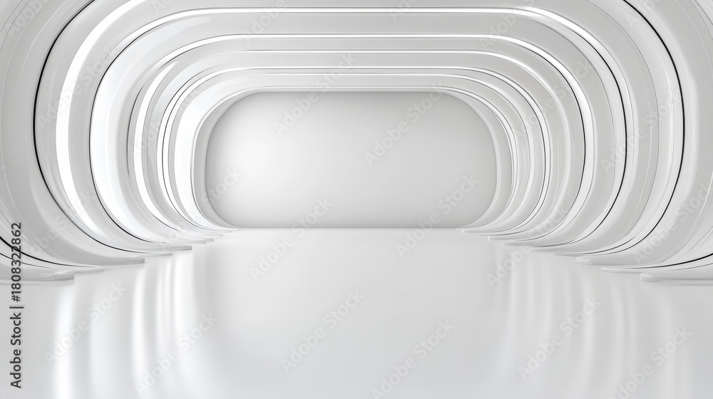 Obraz premium Futuristic white arch interior with smooth reflective floor evoking calm minimalism