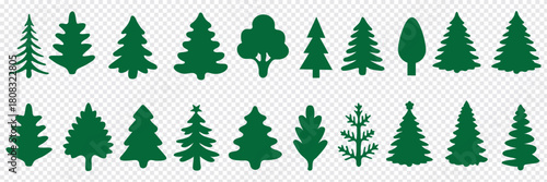 Pine tree silhouette vector set, fir tree icons, evergreen forest symbols, Christmas tree shapes, nature illustration, winter clipart.